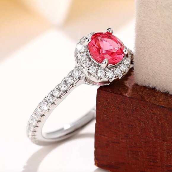 NEW 14k White Gold Ruby Diamond Ring Halo Round Cut - Picture 5 of 8